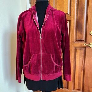 Women’s JULIE MANGO Long Sleeve Sweatshirt Hoodie Burgundy Velour Zip Up Small